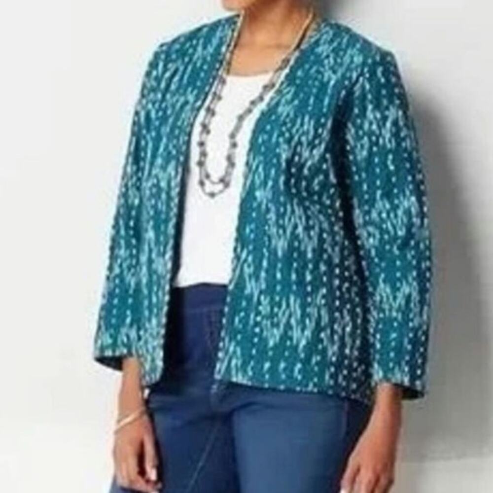 J. Jill purejill Teal Kantha Stitched Ikat Open Front Quilted Boho Jacket